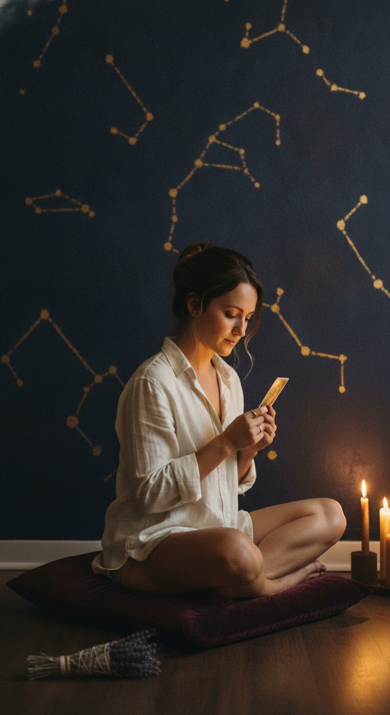 A woman in a ritual room holding a golden tarot card