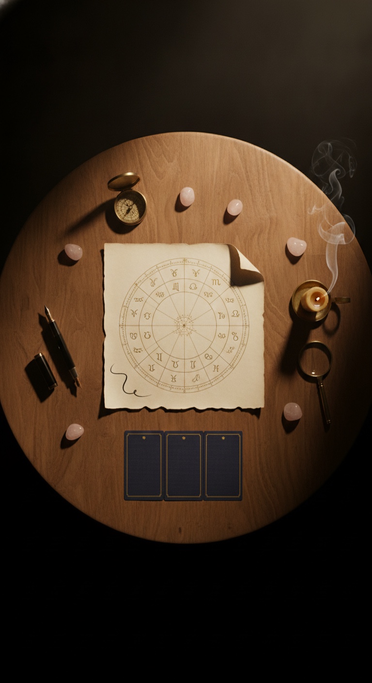 A top-down ritual table with natal chart, compass, and candle